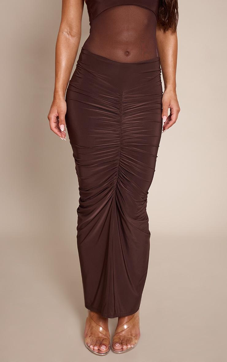 Pretty Little Thing Chocolate Double Layer Slinky Ruched Detail Maxi Skirt