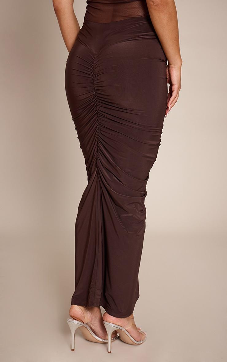 Pretty Little Thing Chocolate Double Layer Slinky Ruched Detail Maxi Skirt