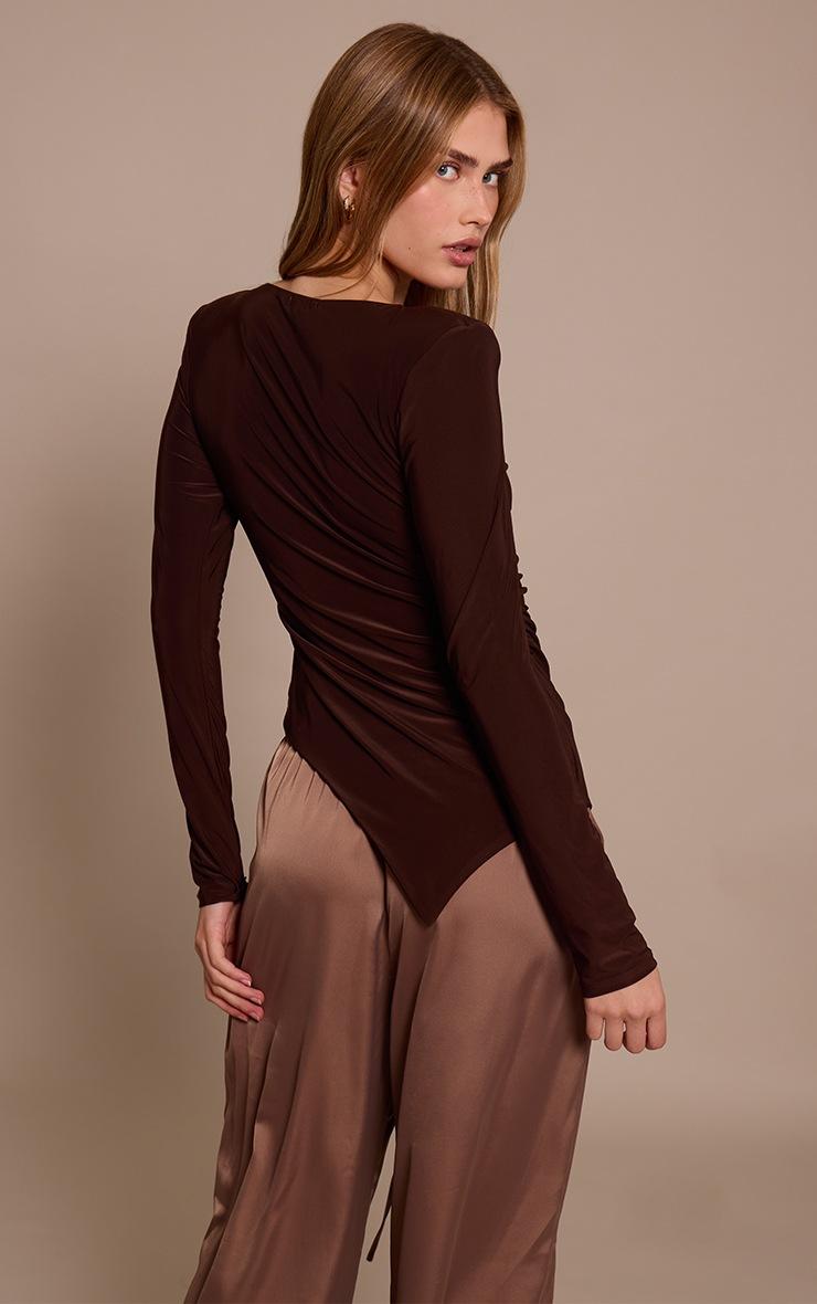 Pretty Little Thing Chocolate Double Layer Slinky Shoulder Pad Asymmetric Top