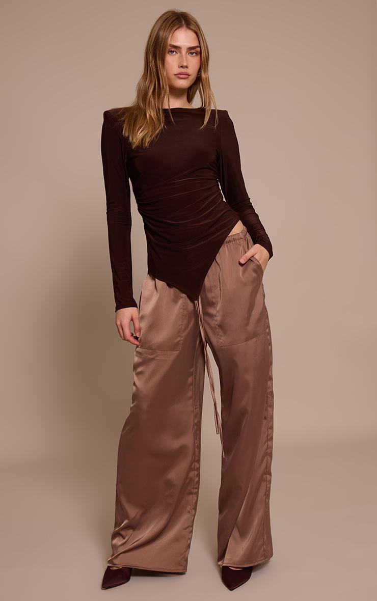 Pretty Little Thing Chocolate Double Layer Slinky Shoulder Pad Asymmetric Top