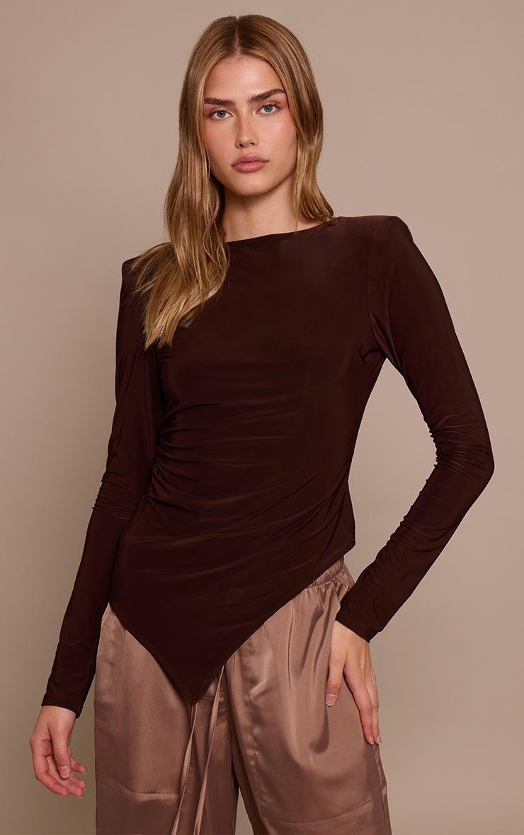 Pretty Little Thing Chocolate Double Layer Slinky Shoulder Pad Asymmetric Top