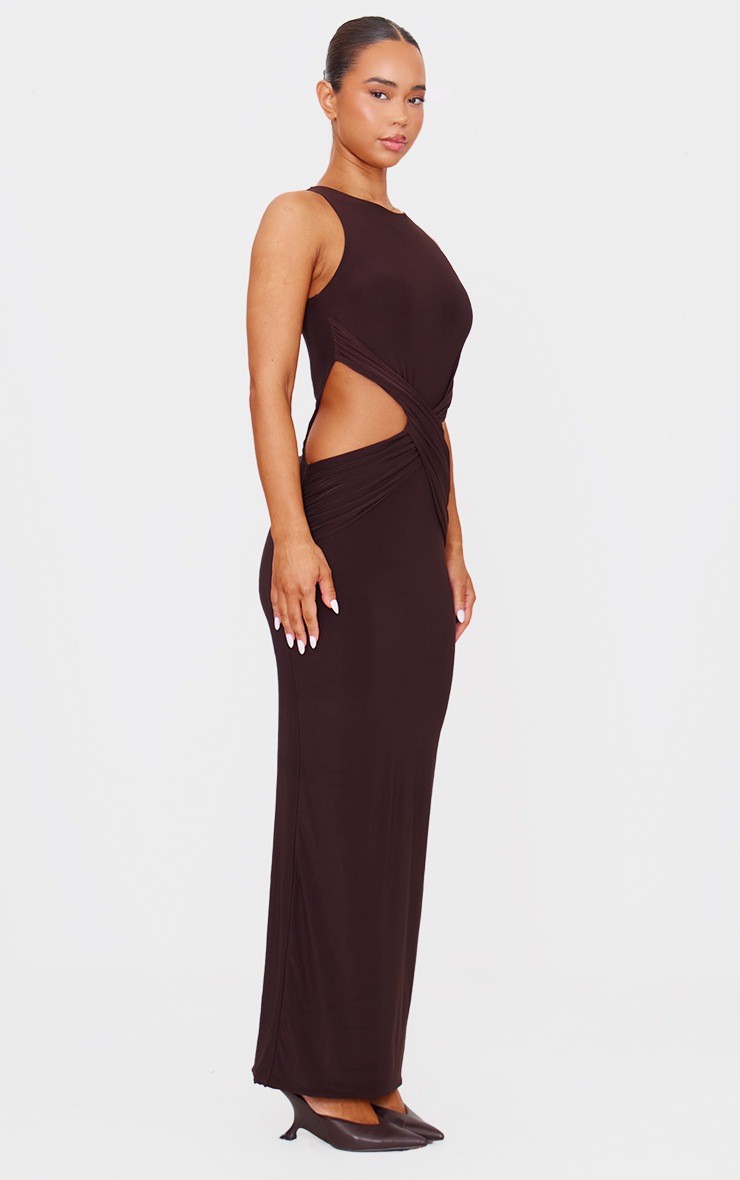 Pretty Little Thing Chocolate Double Layer Slinky Twist Front Maxi Dress