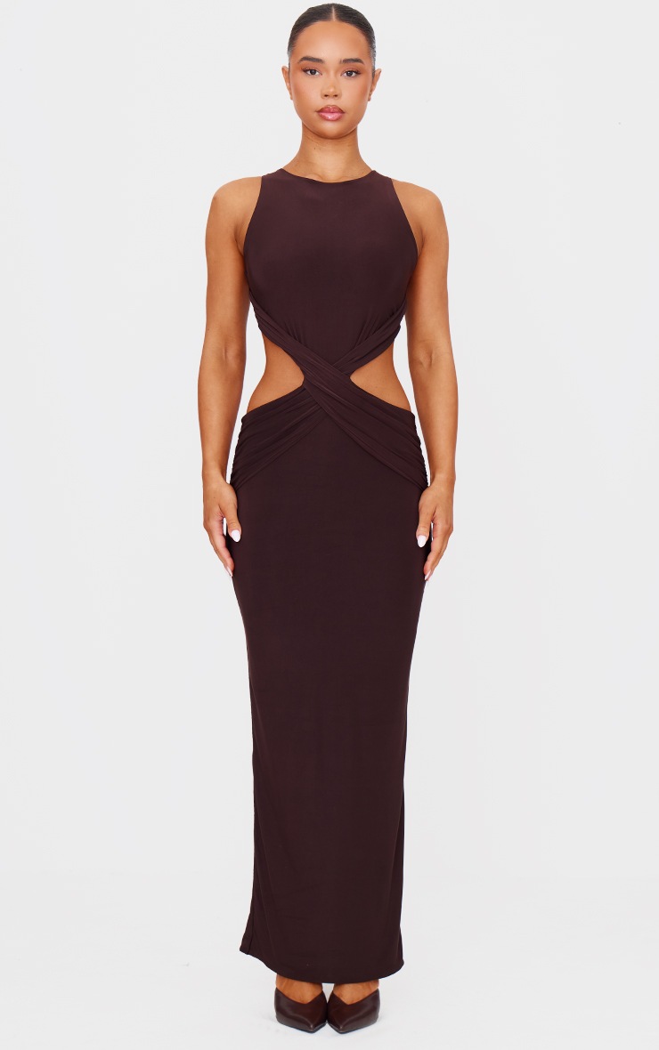 Pretty Little Thing Chocolate Double Layer Slinky Twist Front Maxi Dress