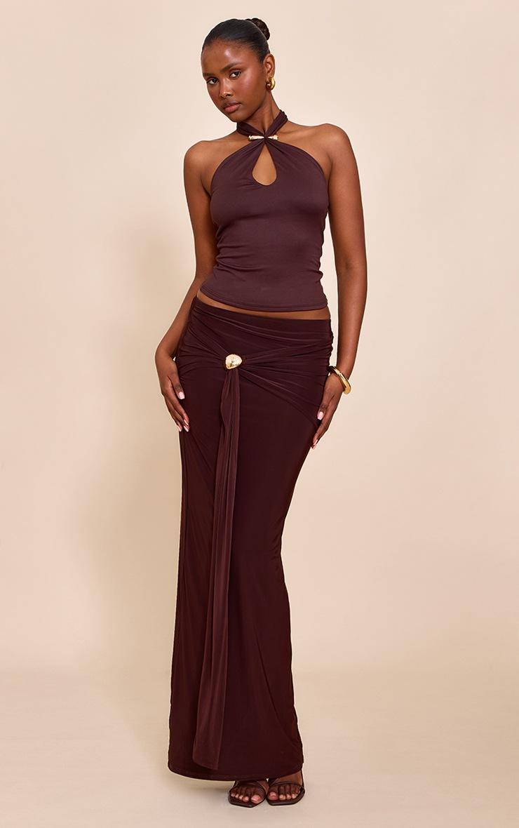 Pretty Little Thing Chocolate Double Layer Soft Touch Trim Detail Halterneck Long Top