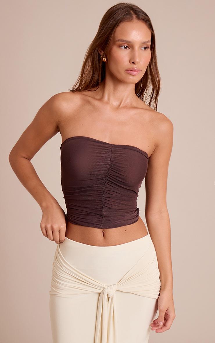 Pretty Little Thing Chocolate Double Layered Mesh Ruched Front Bandeau