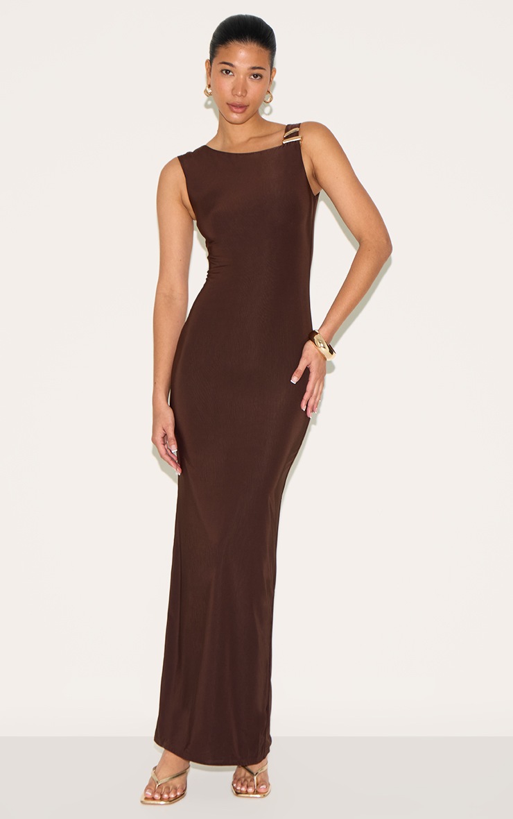 Pretty Little Thing Chocolate Double Slinky Asymmetric Trim Detail Maxi Dress