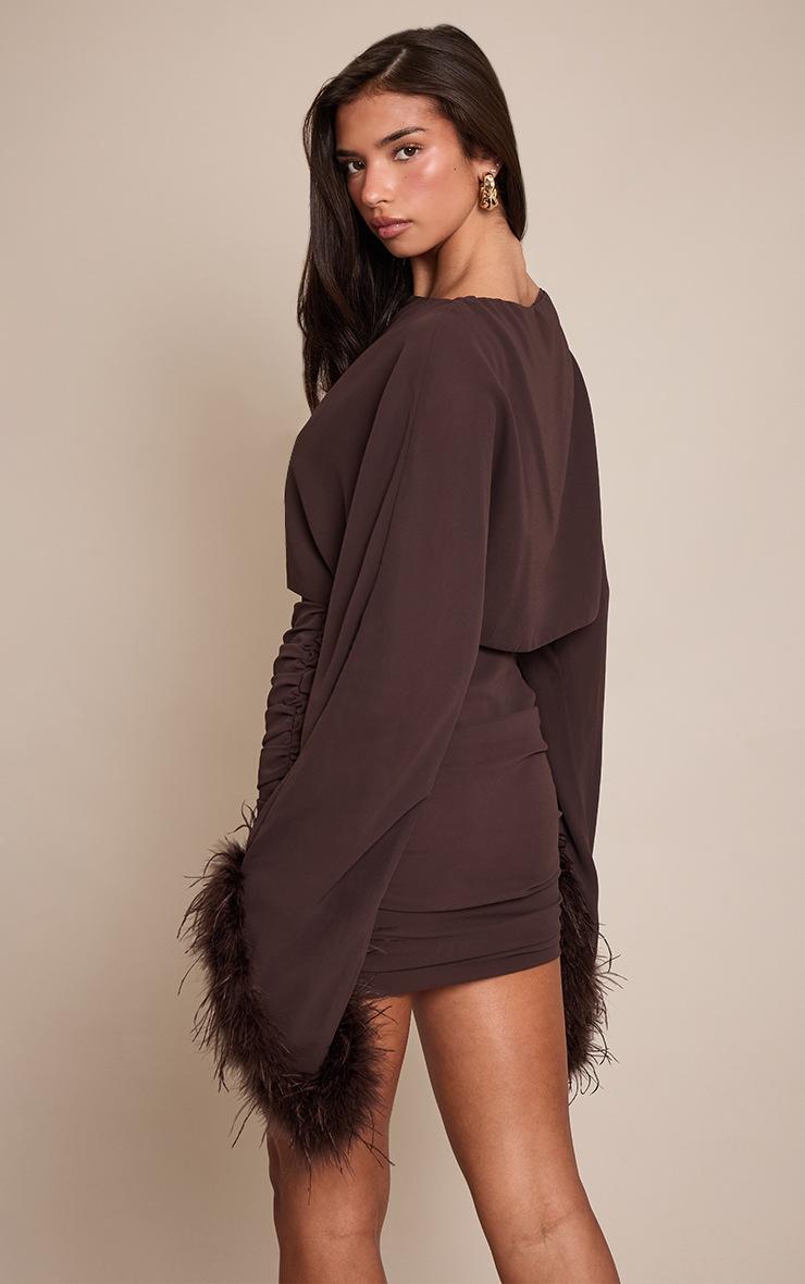 Pretty Little Thing Chocolate Extreme Feather Cuff Ruched Bodycon Dress