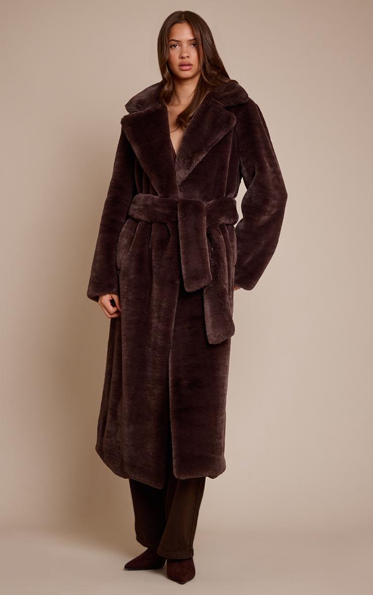 Pretty Little Thing Chocolate Faux Fur Tie Waist Maxi Coat
