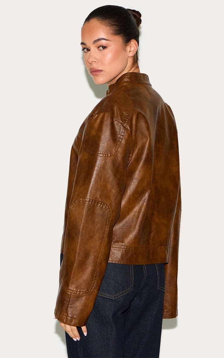 Pretty Little Thing Chocolate Faux Leather Washed Boxy Biker Jacket