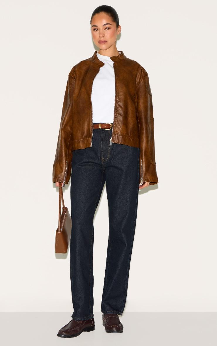 Pretty Little Thing Chocolate Faux Leather Washed Boxy Biker Jacket