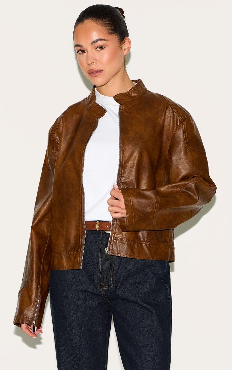 Pretty Little Thing Chocolate Faux Leather Washed Boxy Biker Jacket