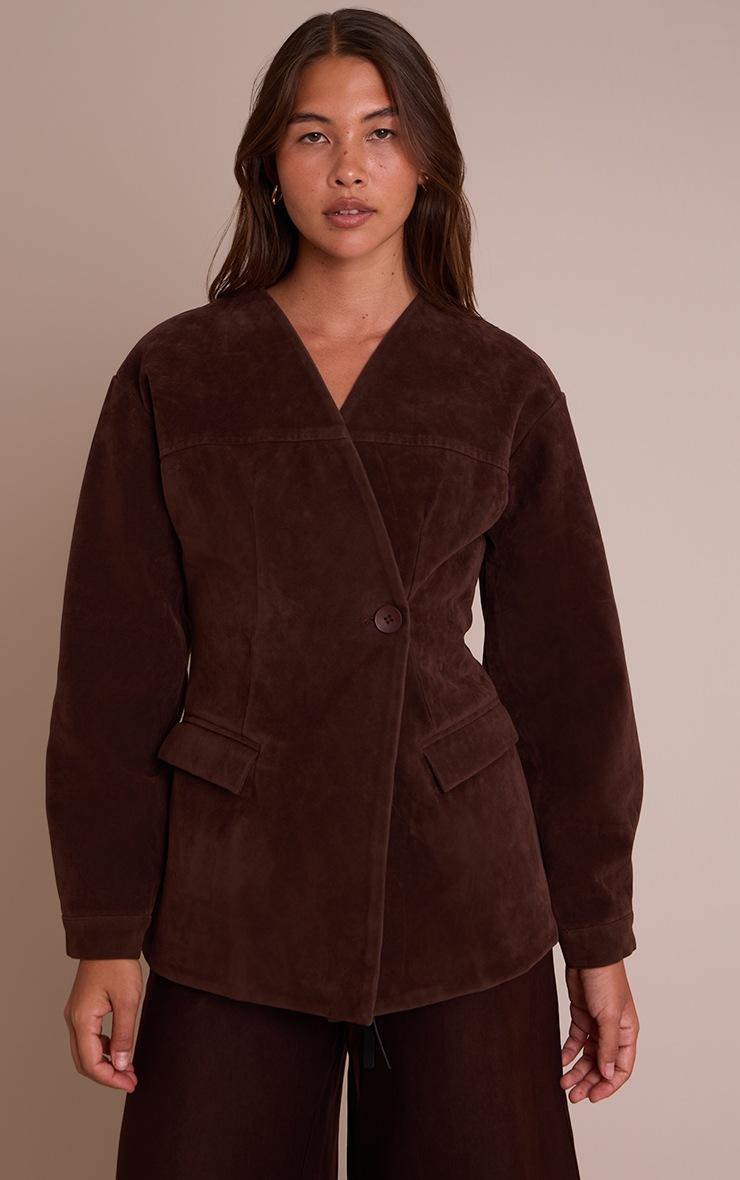 Pretty Little Thing Chocolate Faux Suede Asymmetric Blazer