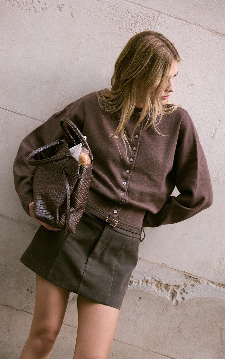 Pretty Little Thing Chocolate Faux Suede Belt Detail Pleated Skirt