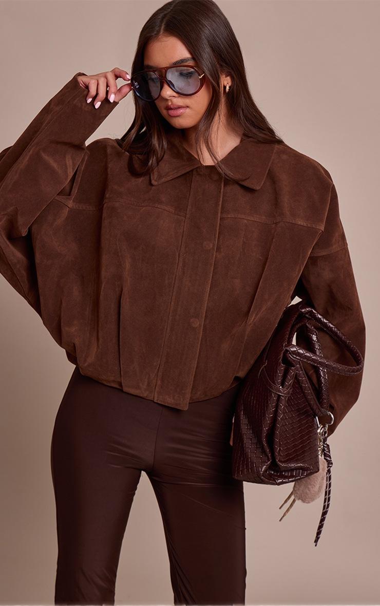 Pretty Little Thing Chocolate Faux Suede Covered Placket Bomber Jacket