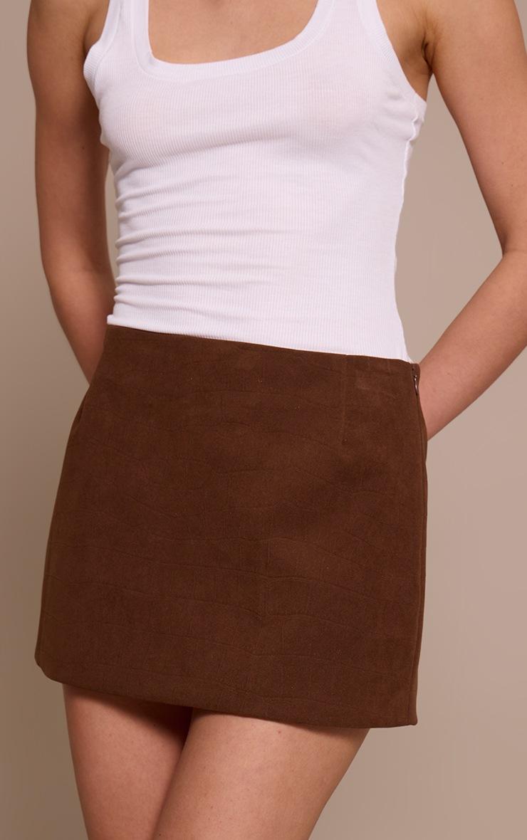Pretty Little Thing Chocolate Faux Suede Croc Textured Mini Skirt