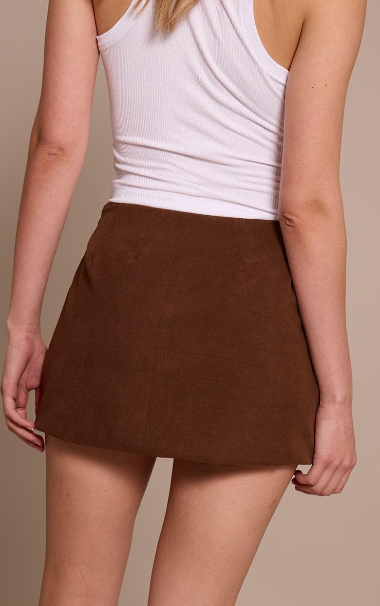 Pretty Little Thing Chocolate Faux Suede Croc Textured Mini Skirt