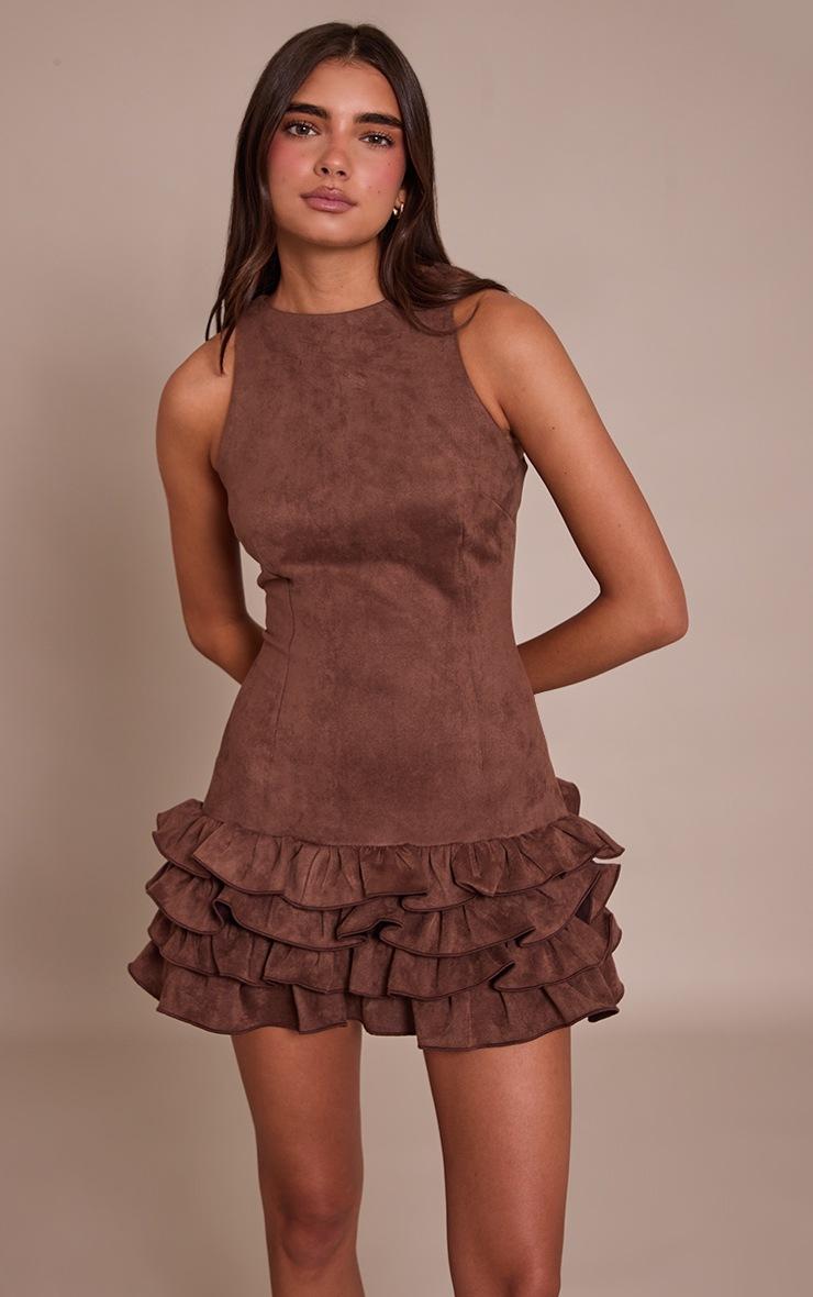 Pretty Little Thing Chocolate Faux Suede Frill Hem Shift Dress