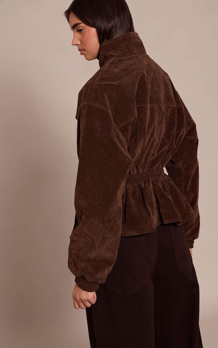 Pretty Little Thing Chocolate Faux Suede High Neck Cinched Waist Jacket