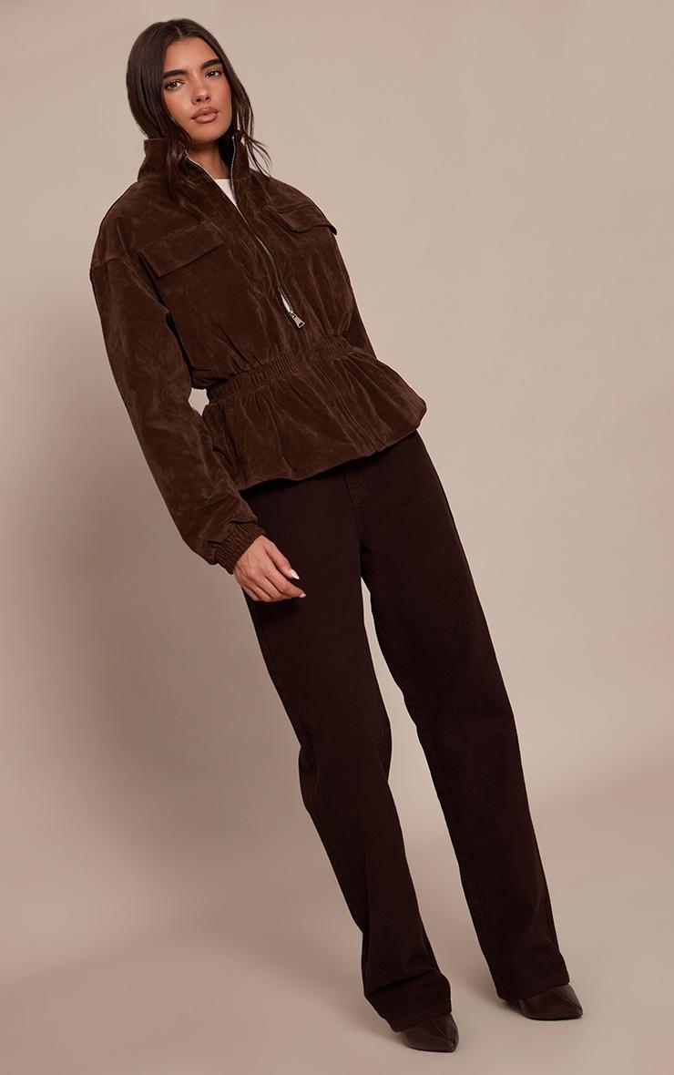 Pretty Little Thing Chocolate Faux Suede High Neck Cinched Waist Jacket