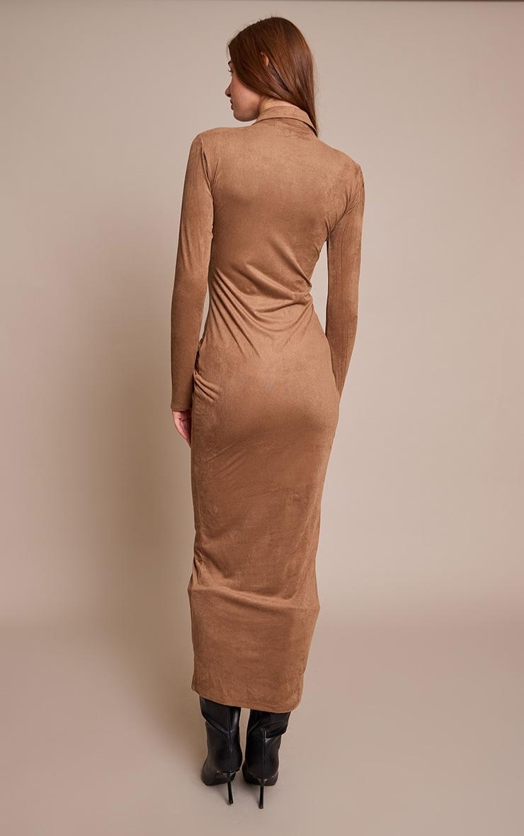 Pretty Little Thing Chocolate Faux Suede Long Sleeve Ruched Button Up Maxi Dress