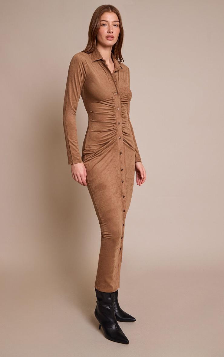 Pretty Little Thing Chocolate Faux Suede Long Sleeve Ruched Button Up Maxi Dress