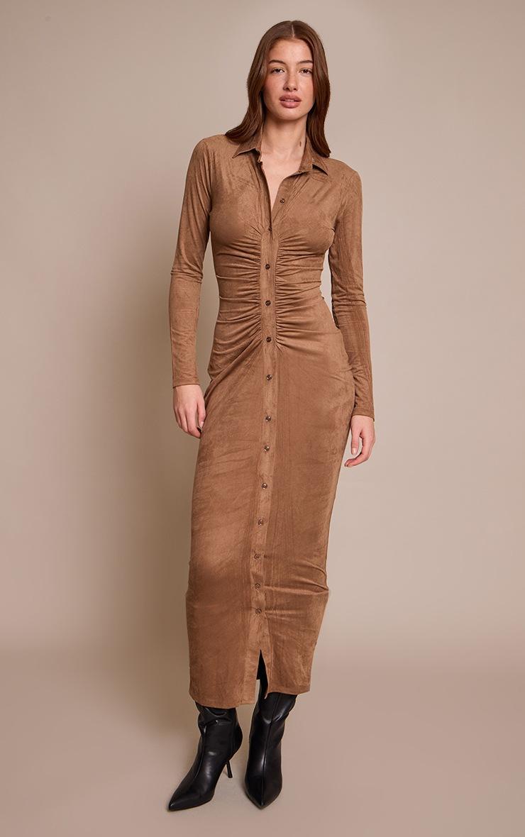 Pretty Little Thing Chocolate Faux Suede Long Sleeve Ruched Button up Maxi Dress