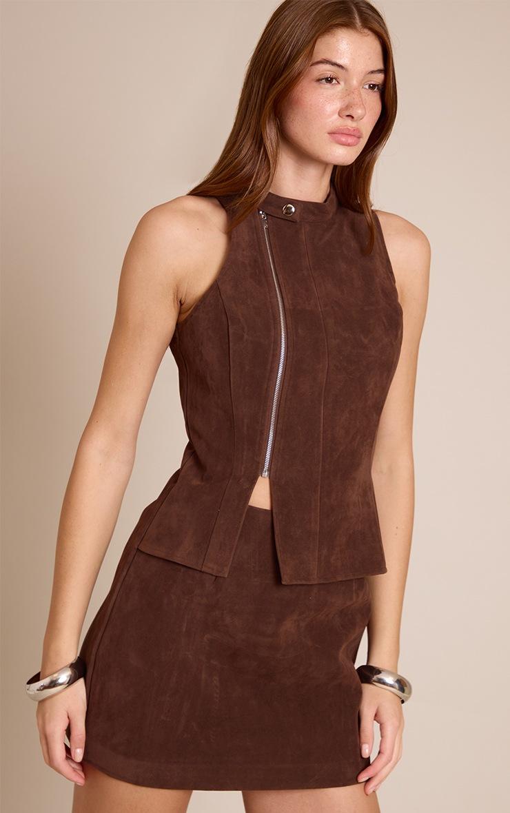Pretty Little Thing Chocolate Faux Suede Zip Up Mini Dress
