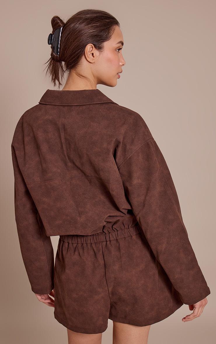 Pretty Little Thing Chocolate Faux Suede Zip Up Romper