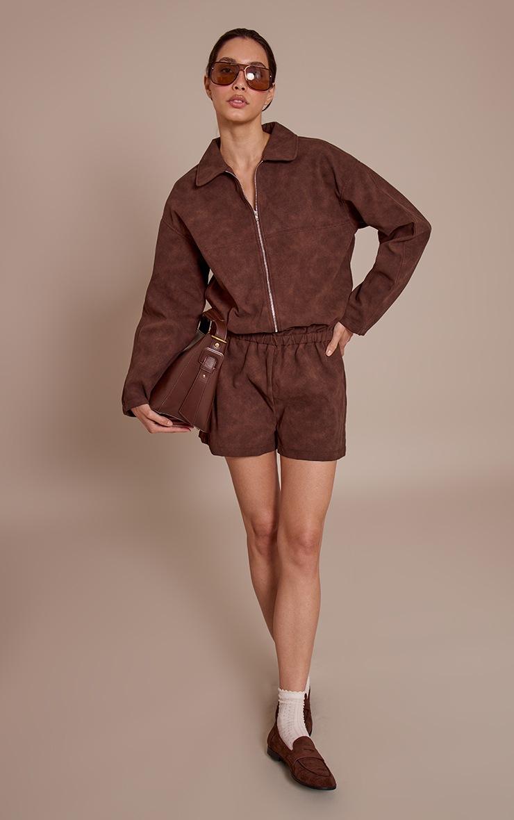 Pretty Little Thing Chocolate Faux Suede Zip Up Romper