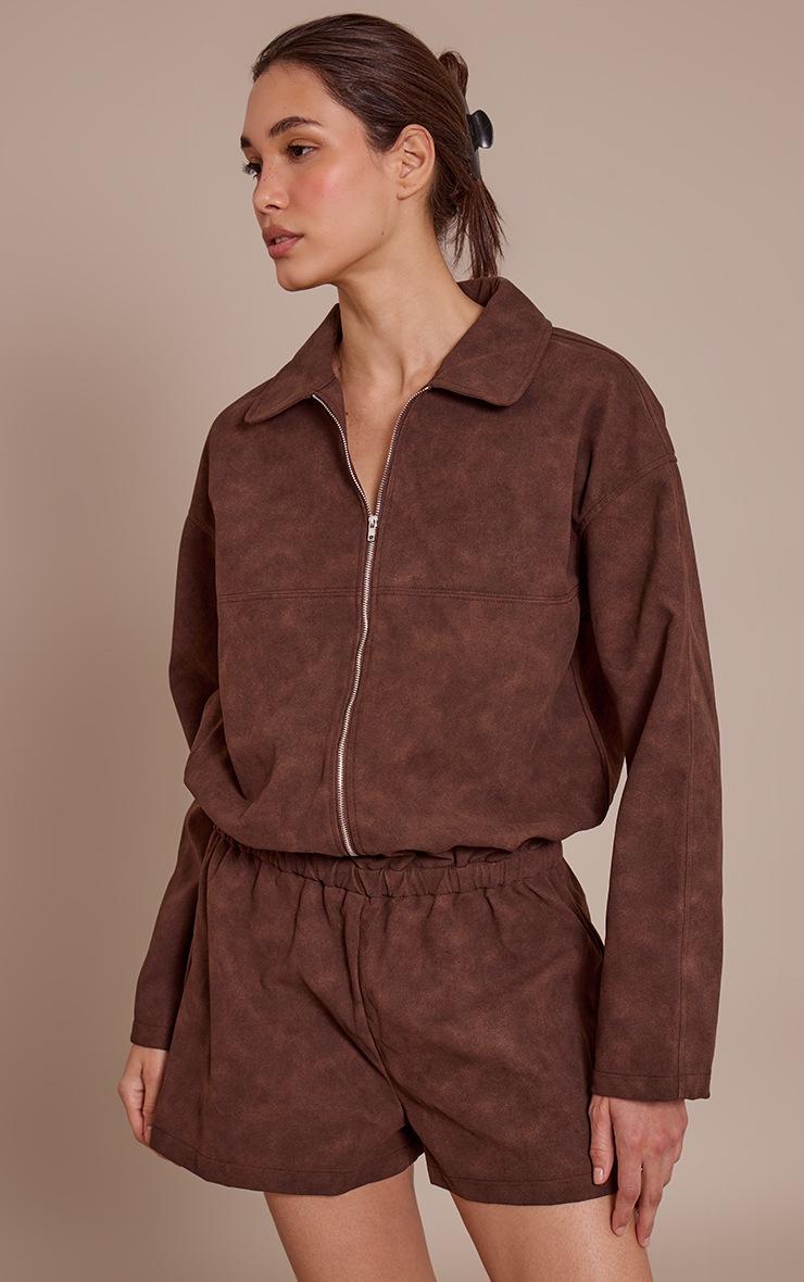 Pretty Little Thing Chocolate Faux Suede Zip Up Romper