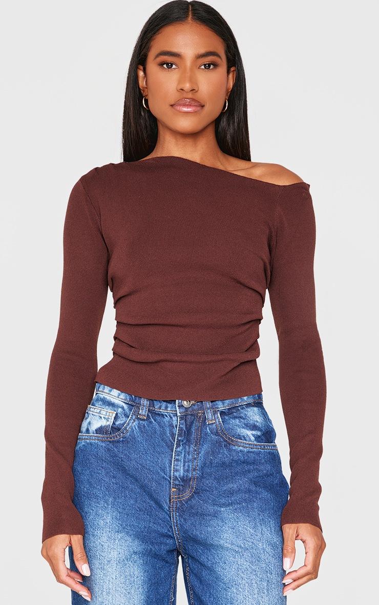 Pretty Little Thing Chocolate Fine Knit Asymmetric Top