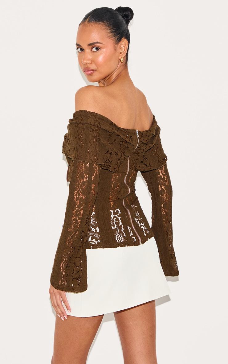 Pretty Little Thing Chocolate Fitted Lace Flared Sleeve Bardot Top