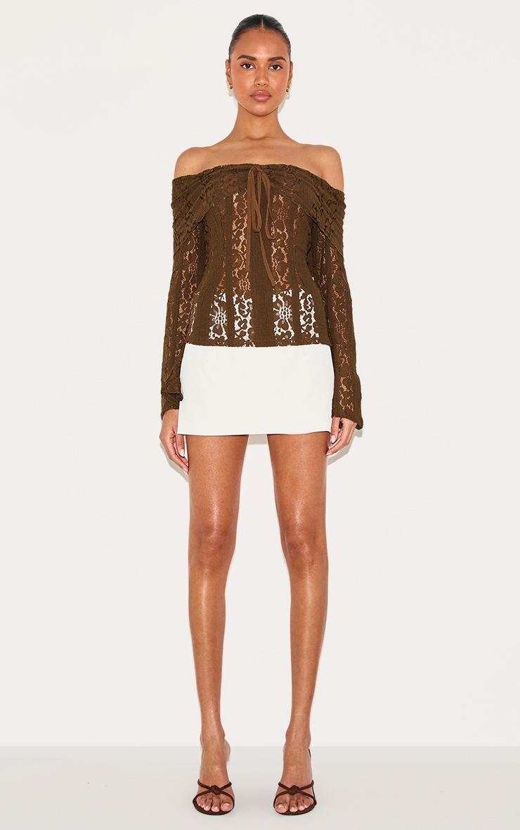 Pretty Little Thing Chocolate Fitted Lace Flared Sleeve Bardot Top