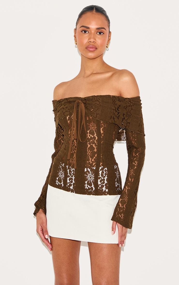 Pretty Little Thing Chocolate Fitted Lace Flared Sleeve Bardot Top