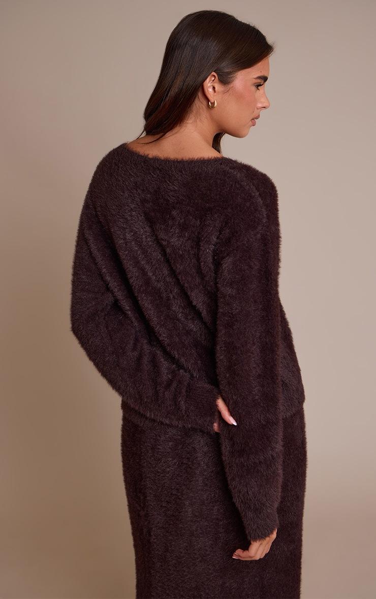 Pretty Little Thing Chocolate Fluffy V Neck Knitted Oversized Sweater