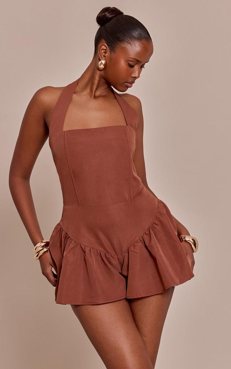 Pretty Little Thing Chocolate Halter Neck Drop Waist Floaty Romper