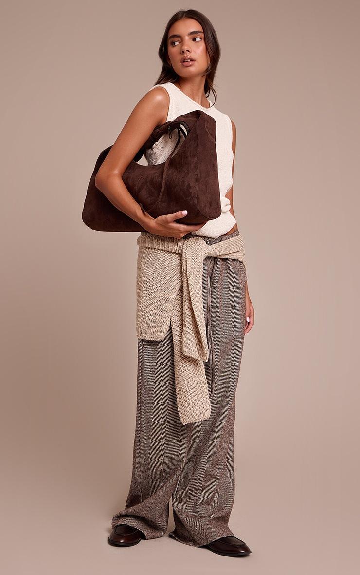 Pretty Little Thing Chocolate Herringbone Brushed Drawstring Low Rise Pants