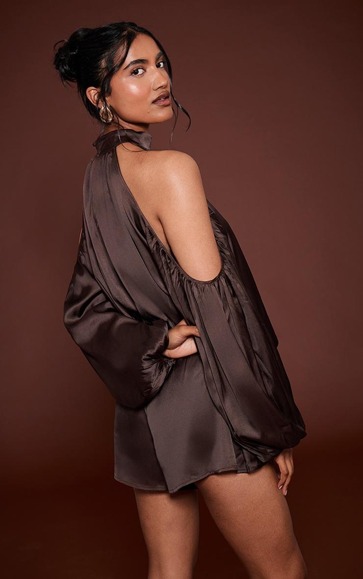 Pretty Little Thing Chocolate High Neck Cold Shoulder Romper