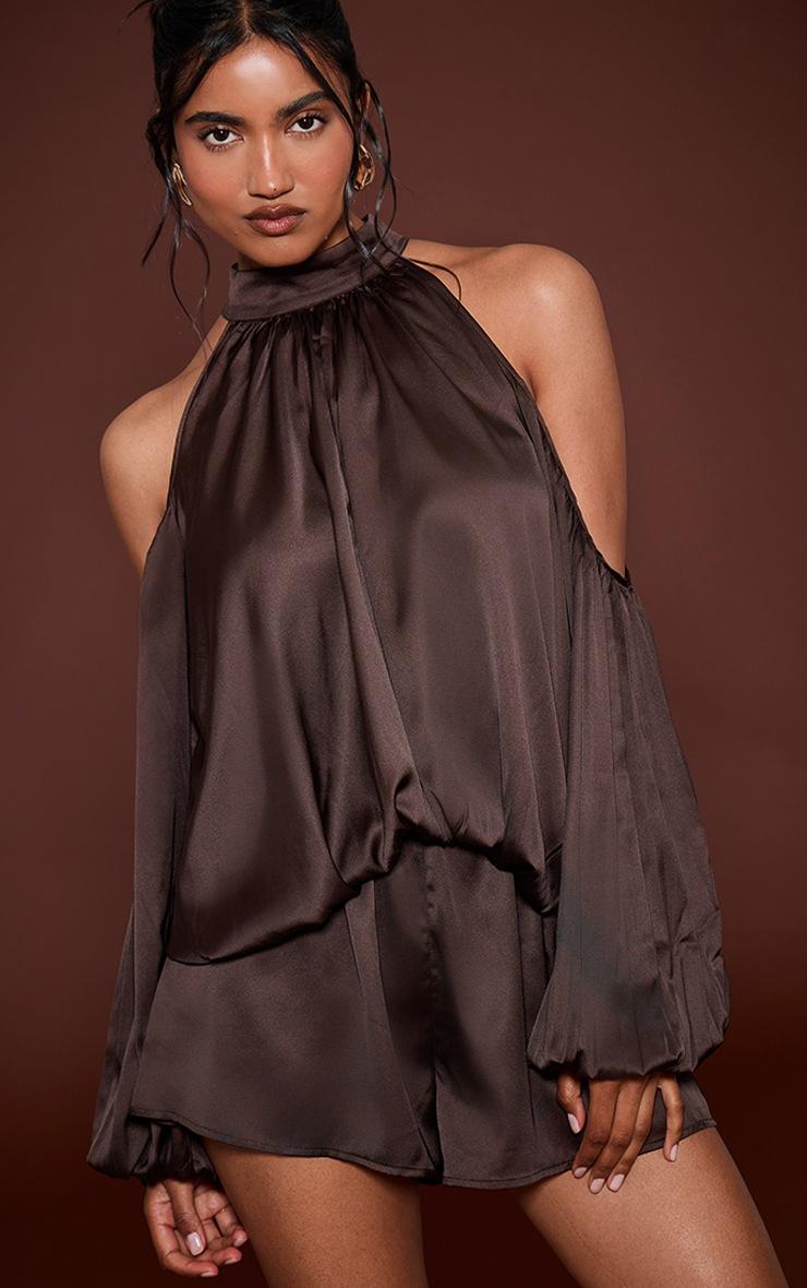 Pretty Little Thing Chocolate High Neck Cold Shoulder Romper