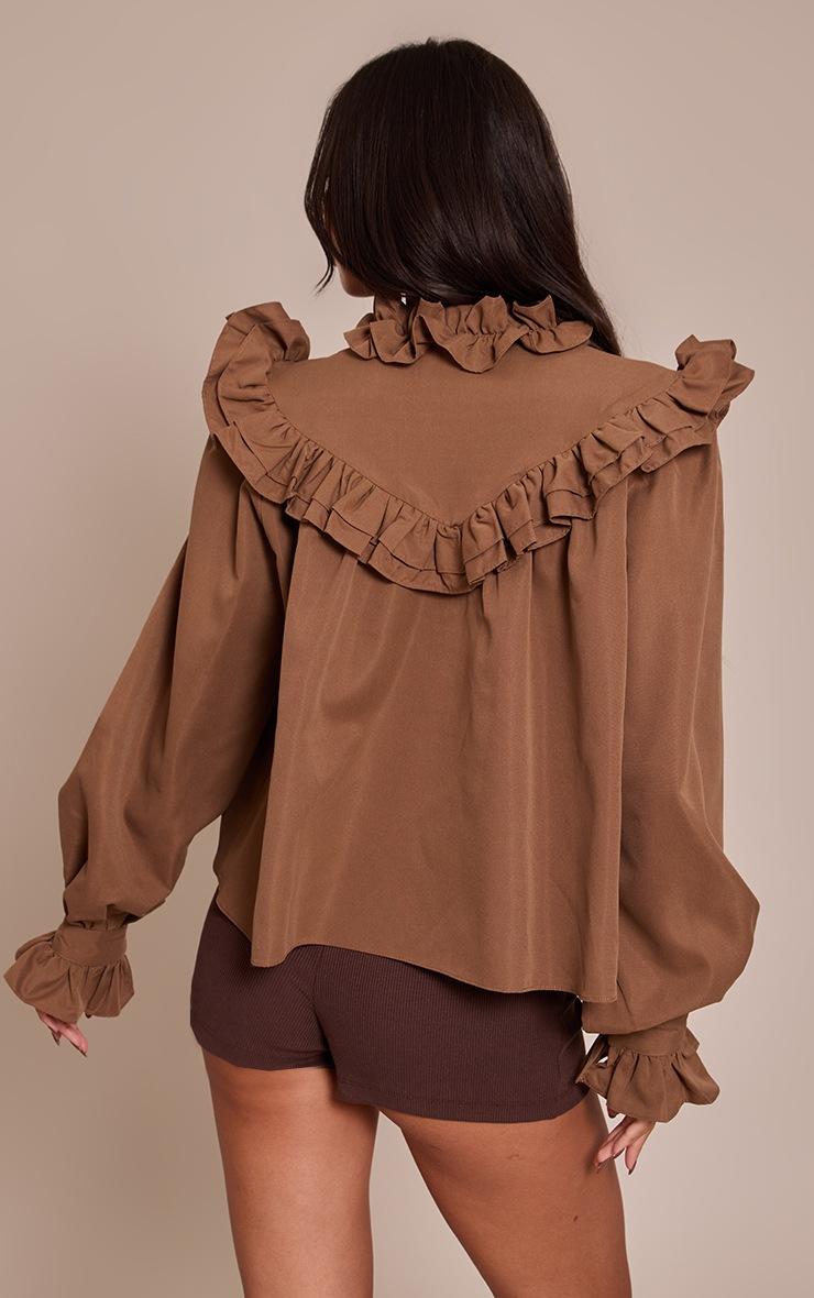 Pretty Little Thing Chocolate High Neck Cotton Frill Detail Long Sleeve Shirt