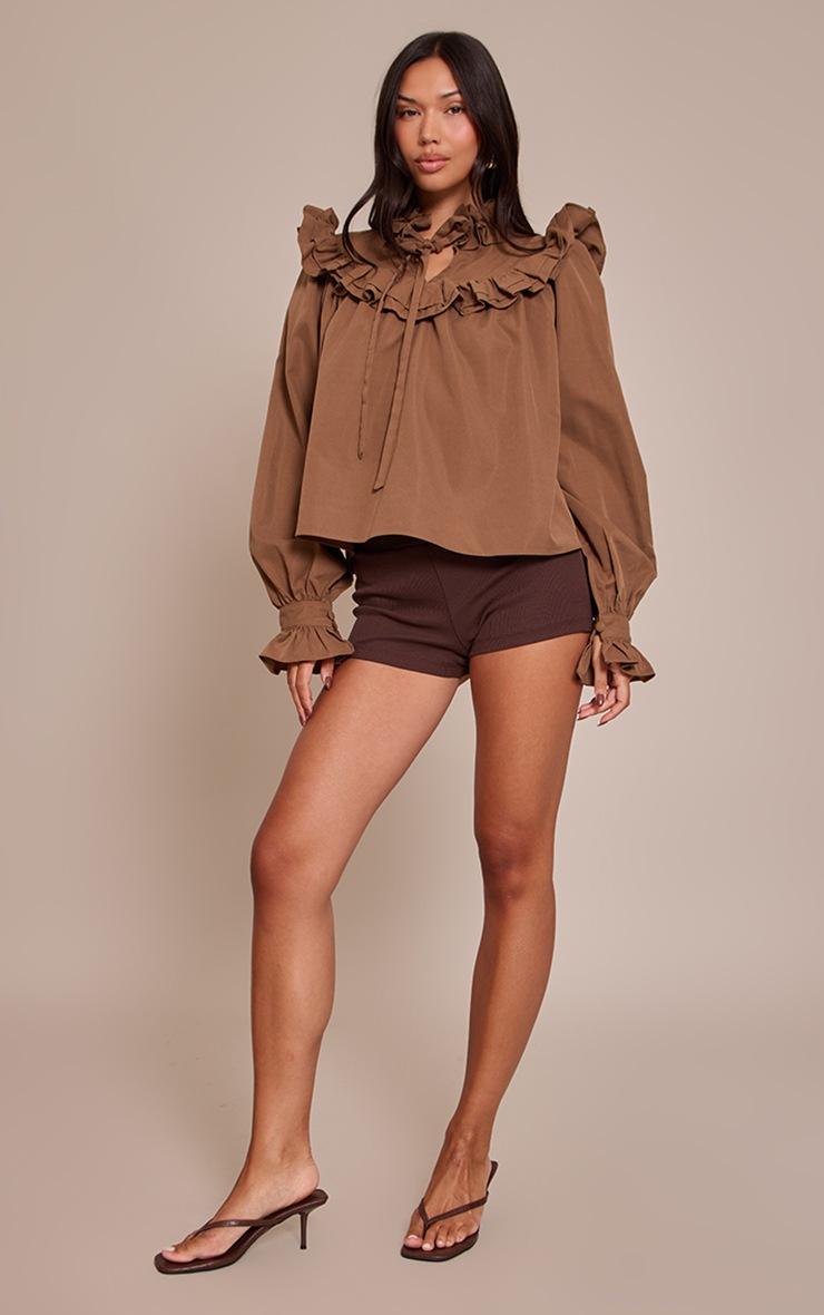 Pretty Little Thing Chocolate High Neck Cotton Frill Detail Long Sleeve Shirt