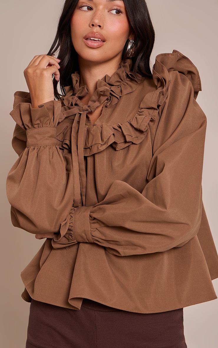 Pretty Little Thing Chocolate High Neck Cotton Frill Detail Long Sleeve Shirt