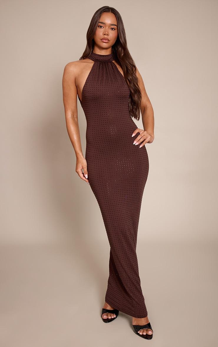 Pretty Little Thing Chocolate Hotfix Halterneck Backless Maxi Dress