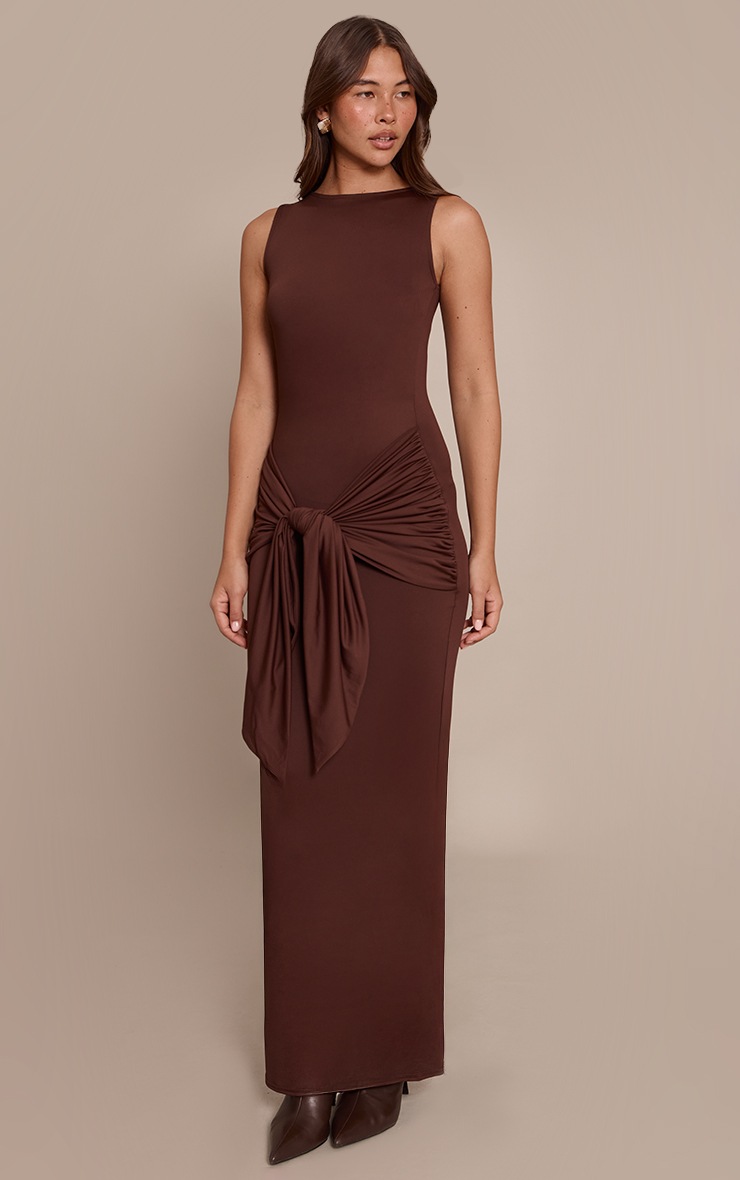 Pretty Little Thing Chocolate Jersey Boat Neck Wrap Detail Maxi Dress
