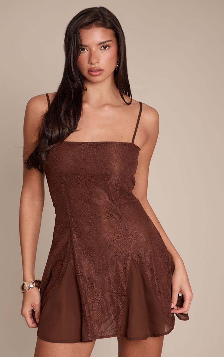 Pretty Little Thing Chocolate Lace Square Neck Mini Shift Dress