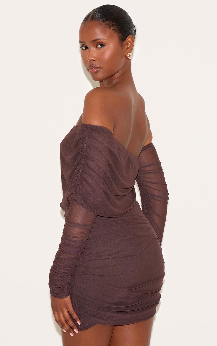 Pretty Little Thing Chocolate Layered Mesh Asymmetric Long Sleeve Mini Dress