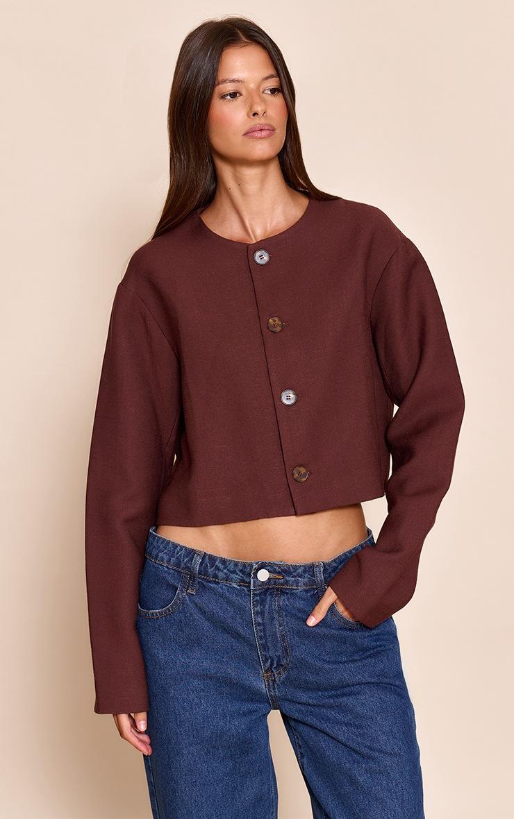 Pretty Little Thing Chocolate Linen Look Boxy Button Up Jacket