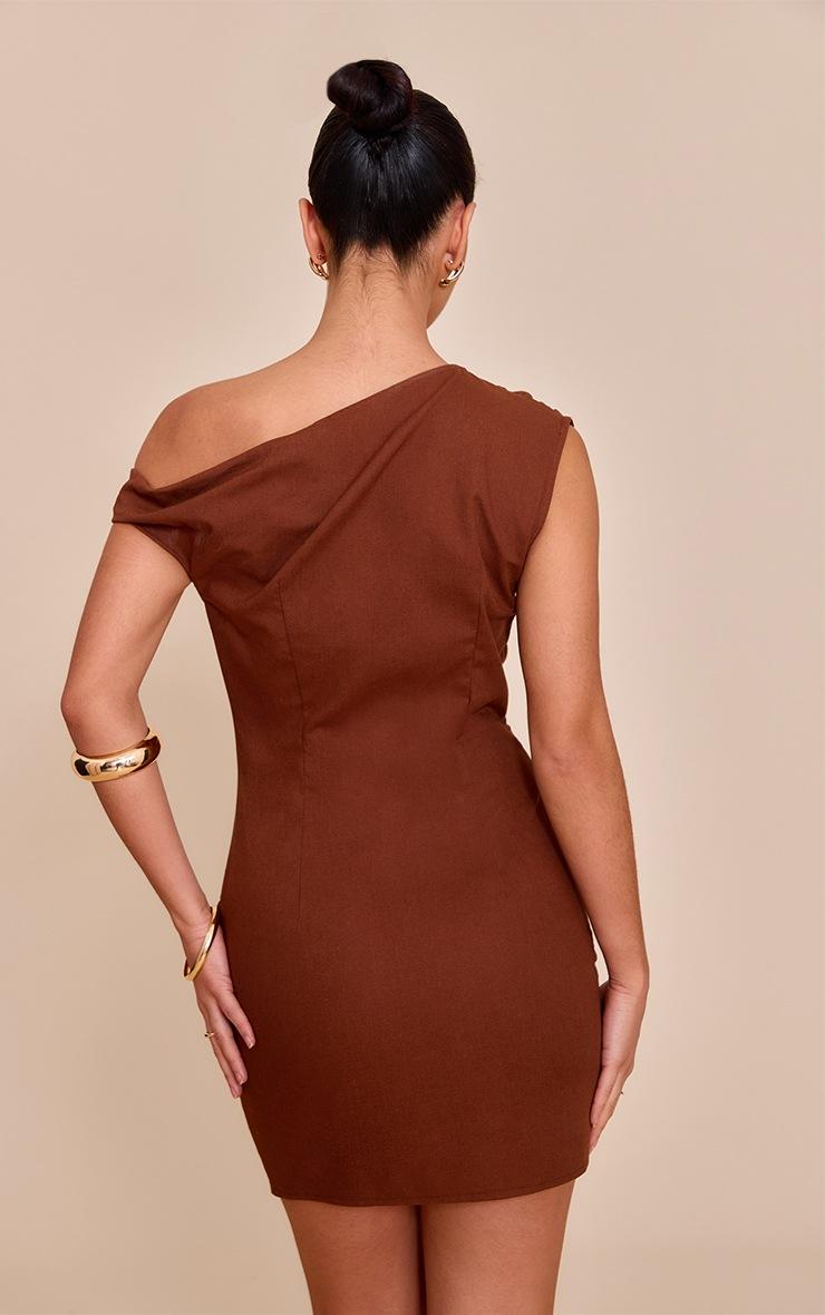 Pretty Little Thing Chocolate Linen Look Twist Shoulder Shift Dress