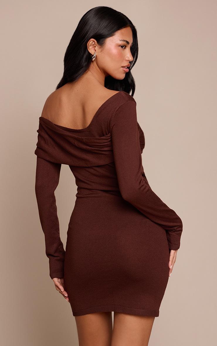 Pretty Little Thing Chocolate Long Sleeve Asymmetric Knitted Mini Dress