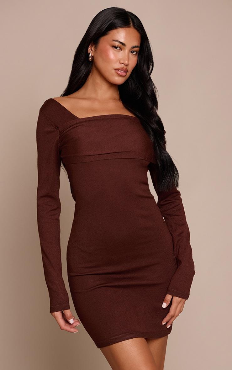 Pretty Little Thing Chocolate Long Sleeve Asymmetric Knitted Mini Dress